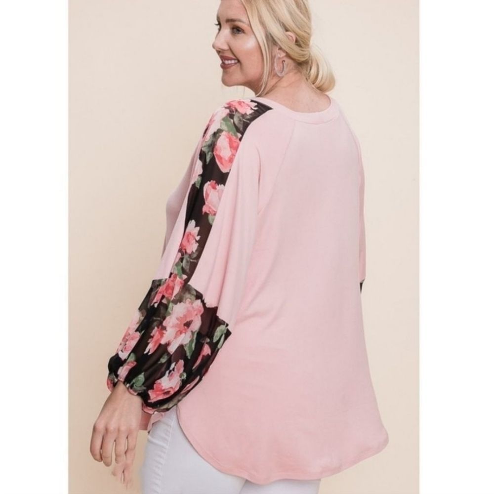 Pink Plus Size Top With Floral Sleeves - Picture 3 of 5
